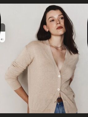 Quince Beige V-Neck Button Cardigan